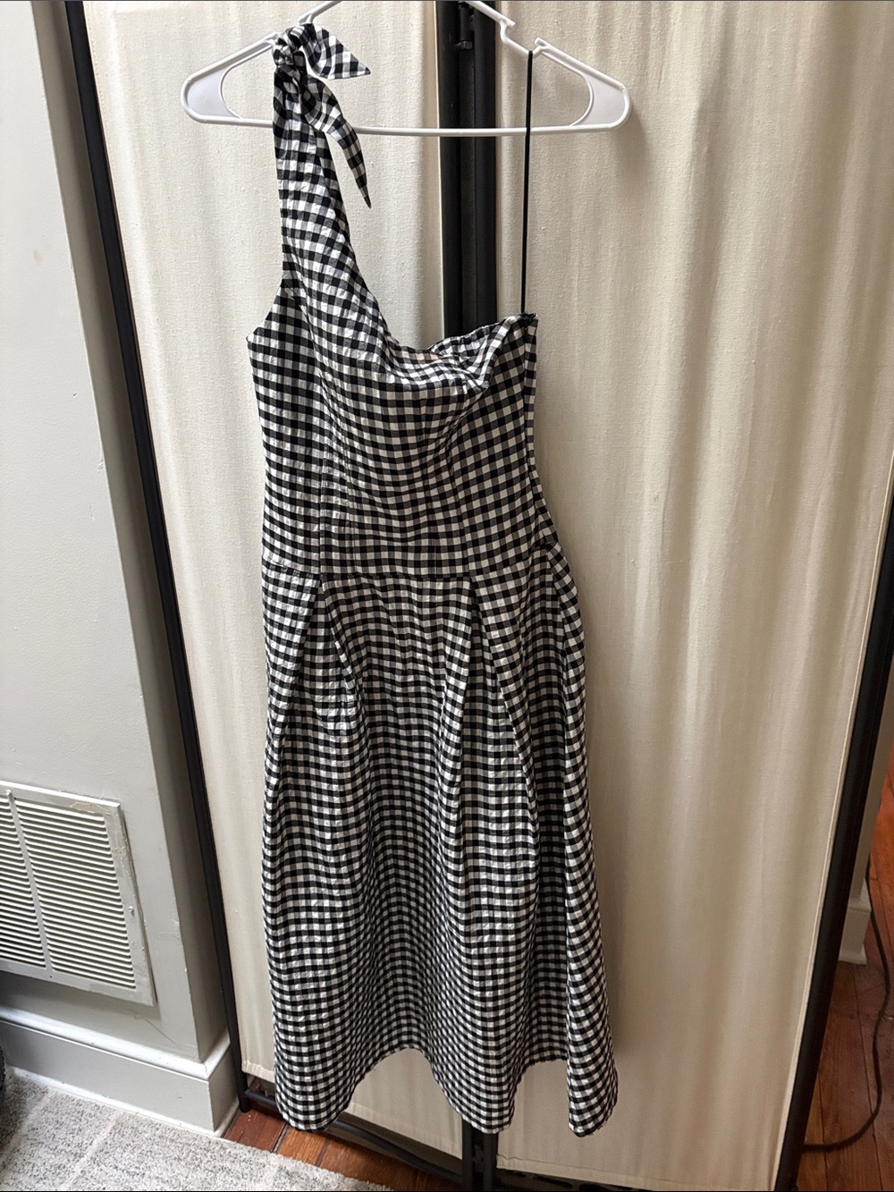 Anthropologie Black and White Gingham One-Shoulder Dress